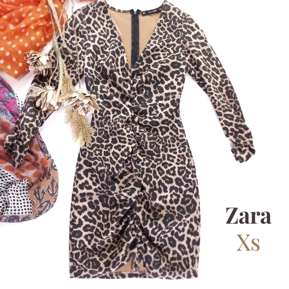 Zara Panther Print Rouged Front and Sleeve Dress Sz Xs - Picture 1 of 13